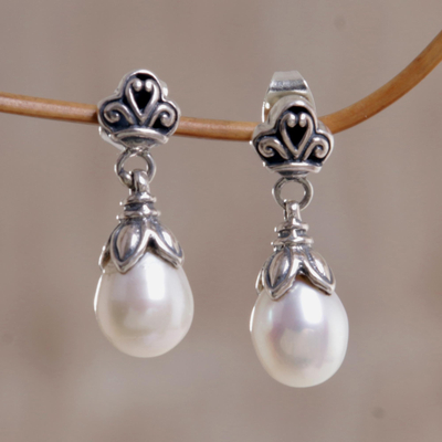 Pearl dangle earrings, 'White Lotus Bud' - Sterling Silver Pearl Dangle Earrings