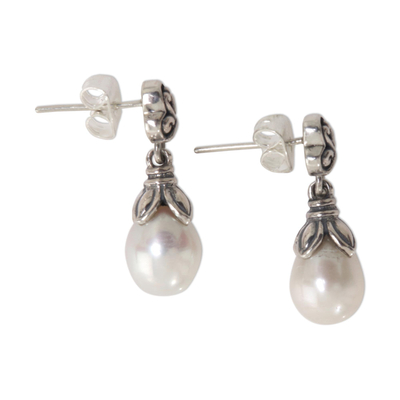 Pearl dangle earrings, 'White Lotus Bud' - Sterling Silver Pearl Dangle Earrings