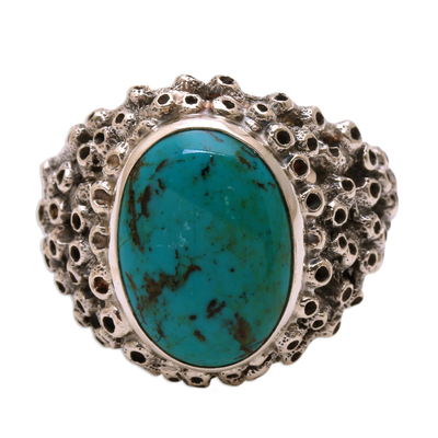 Men's turquoise ring, 'Living Coral' - Men's Hand Made Silver and Turquoise Ring from Indonesia