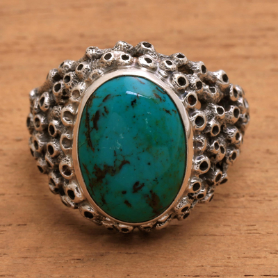 Men's turquoise ring, 'Living Coral' - Men's Hand Made Silver and Turquoise Ring from Indonesia