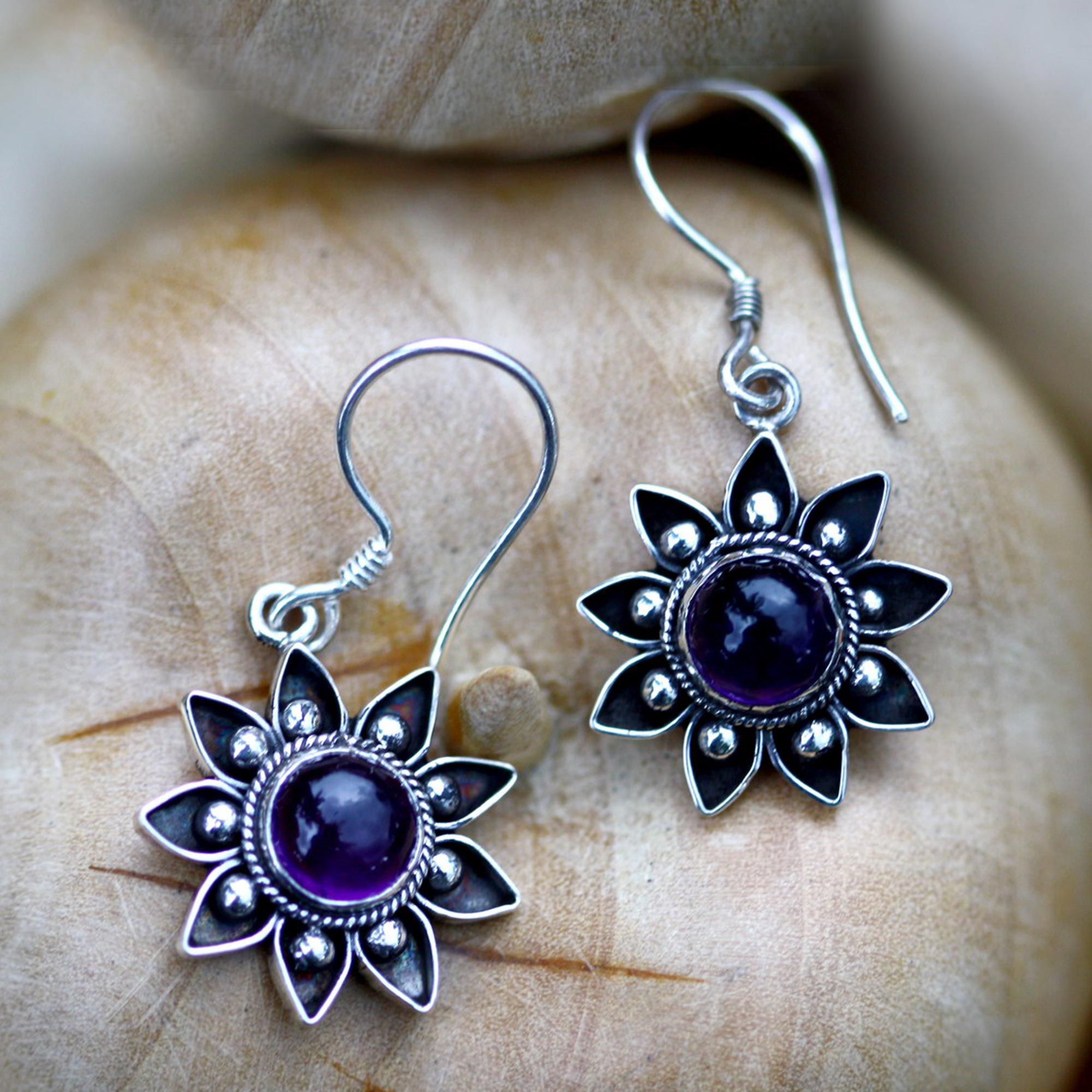 Floral Sterling Silver Amethyst Earrings - Sunflowers | NOVICA