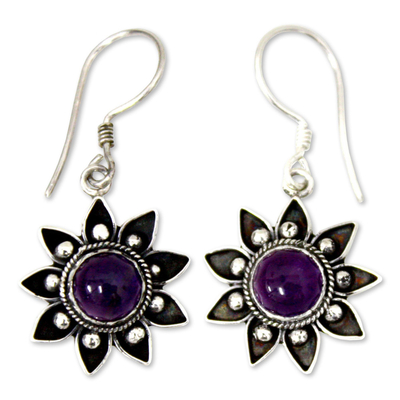 Amethyst dangle earrings, 'Sunflowers' - Floral Sterling Silver Amethyst Earrings 