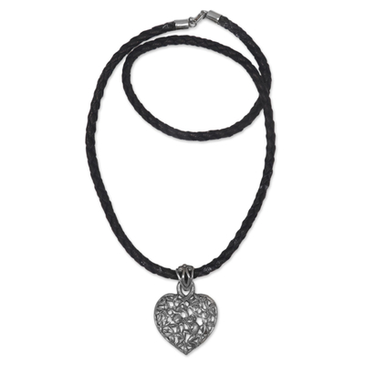 Sterling silver heart necklace, 'Love of Nature' - Sterling Silver and Leather Heart Necklace
