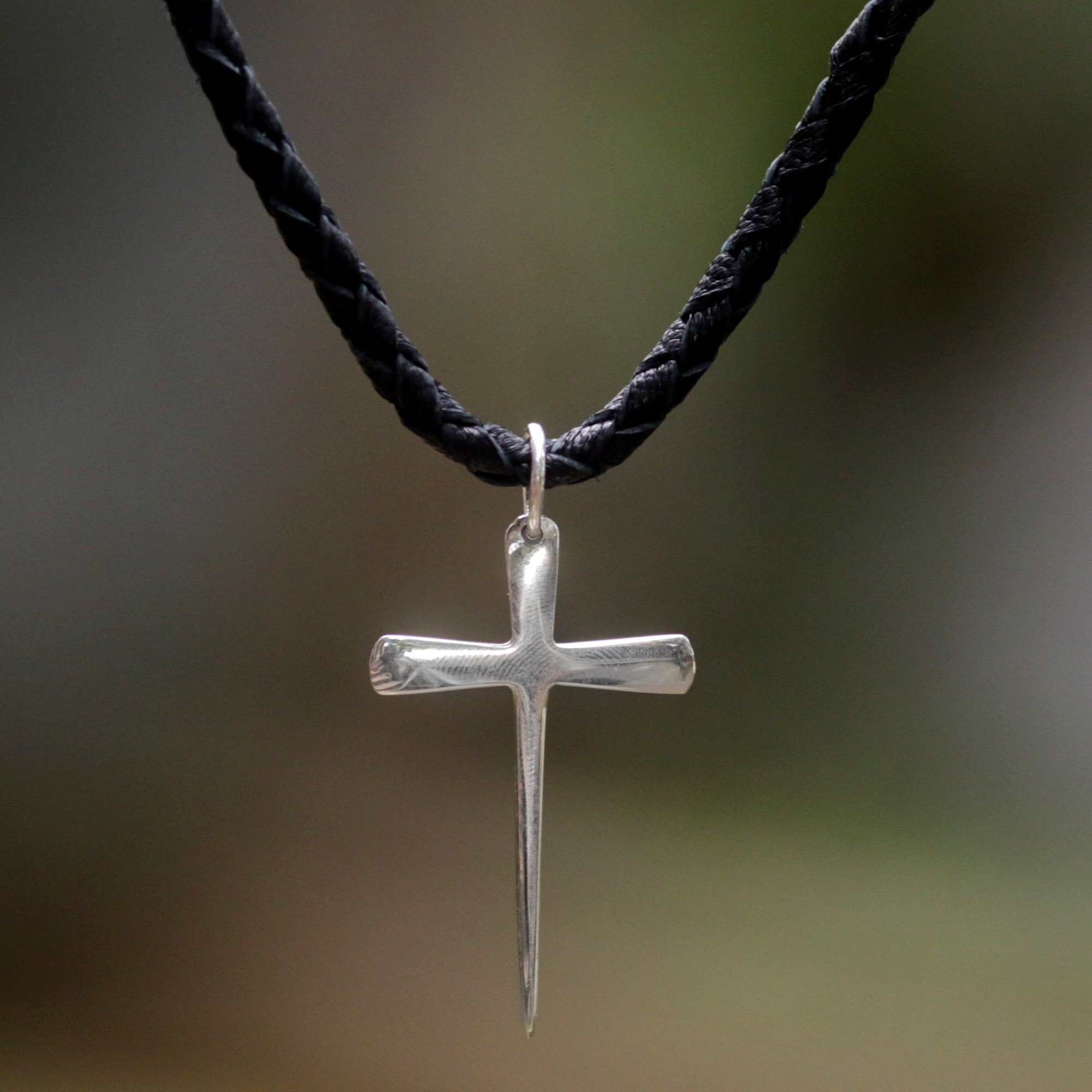 Mens Sterling Silver Large Crucifix Pendant On A Black Leather Cord Necklace