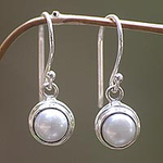 Sterling Silver and Pearl Dangle Earrings, 'White Full Moon'