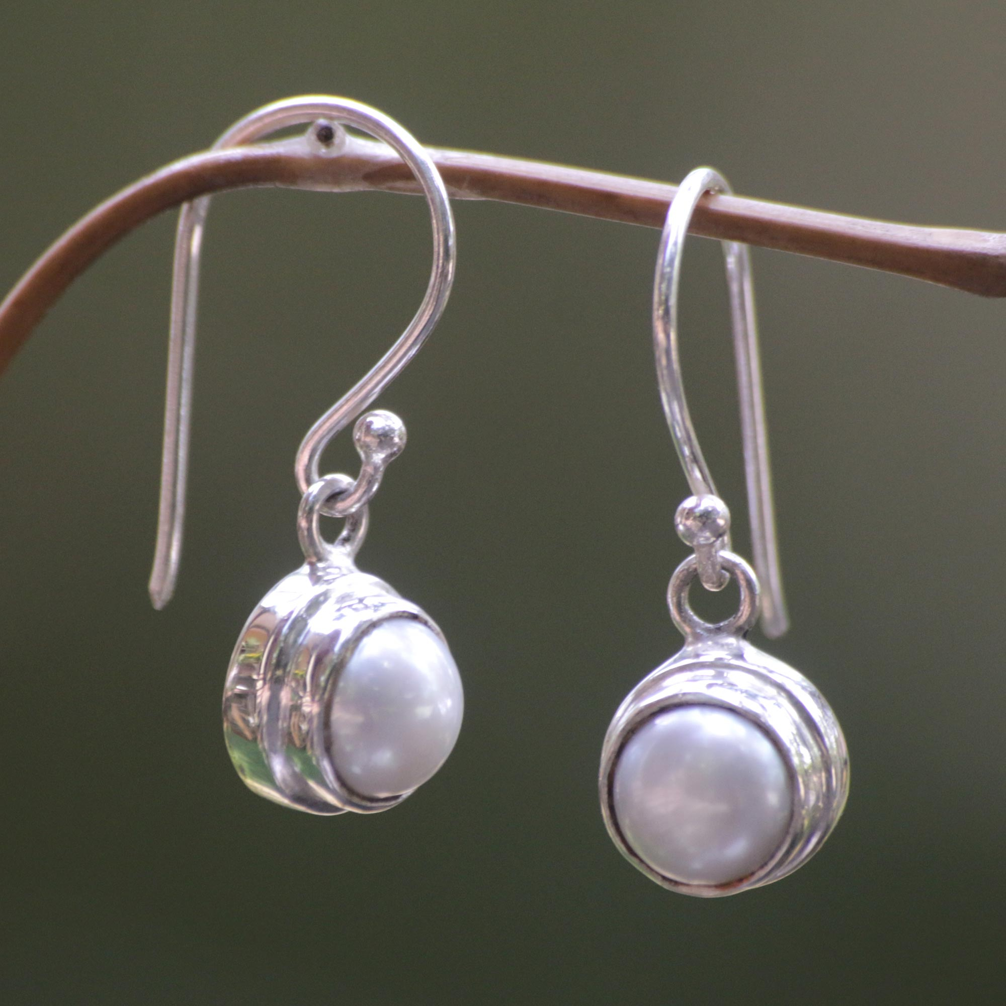 Sterling Silver and Pearl Dangle Earrings - Full Moon | NOVICA