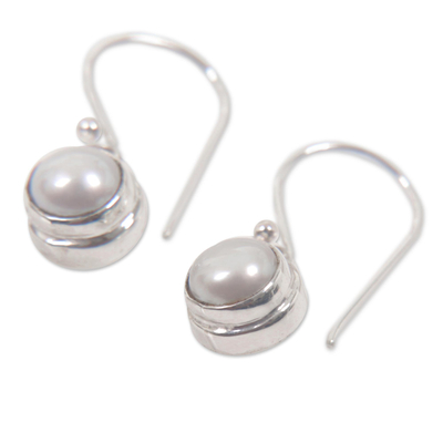 Cultured pearl dangle earrings, 'White Full Moon' - Sterling Silver and Pearl Dangle Earrings