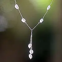 Pearl Y necklace, 'Moonlit Dancer' - Sterling Silver and Pearl Bridal Necklace from Bali and Java