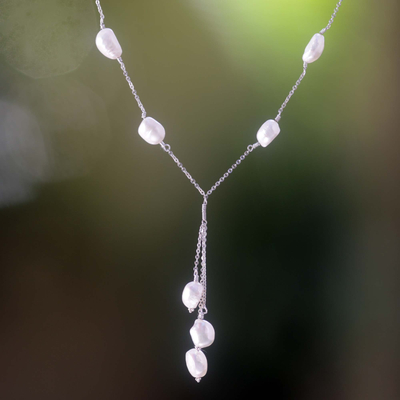 Pearl Y necklace, 'Moonlit Dancer' - Artisan Crafted Sterling Silver and Pearls Y Necklace