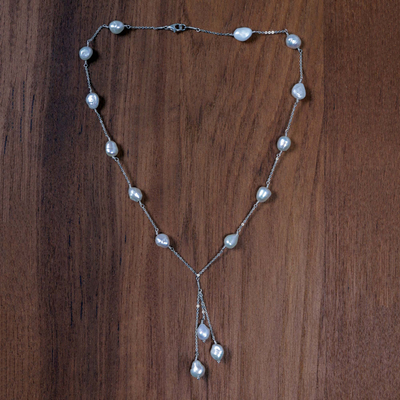 Pearl Y necklace, 'Moonlit Dancer' - Artisan Crafted Sterling Silver and Pearls Y Necklace