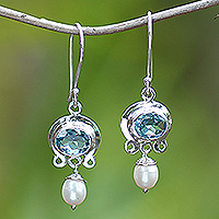 Cultured pearl and blue topaz dangle earrings, 'Sky Fantasy'