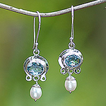 Blue Topaz and Pearl Silver Dangle Earrings, 'Sky Fantasy'