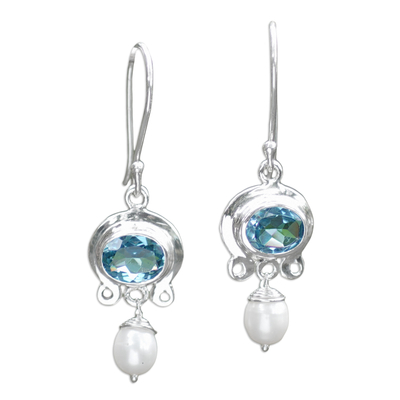 Blue Topaz and Pearl Silver Dangle Earrings