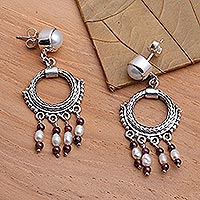 Pearl and garnet chandelier earrings, 'Harmony' - Sterling Silver and Pearl Chandelier Earrings