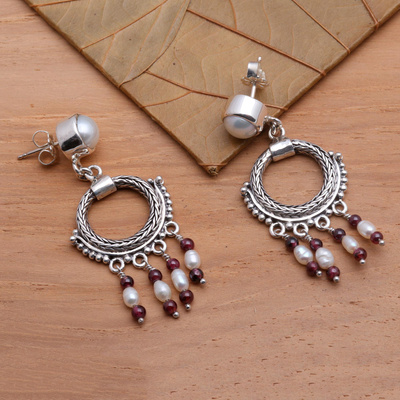 Pendientes candelabros de perlas y granates - Pendientes Chandelier de Plata de Ley y Perlas