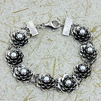 Pearl flower bracelet, 'Sacred Lotus' - Silver and Pearl Lotus Bracelet Artisan Crafted Jewelry