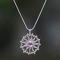Amethyst pendant necklace, 'Sun Spirit' - Unique Silver and Amethyst Necklace
