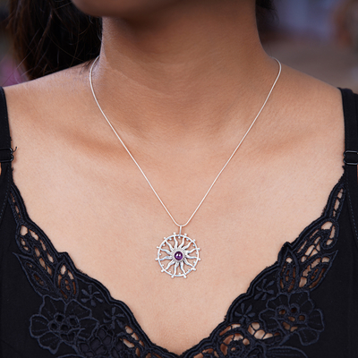 Amethyst pendant necklace, 'Sun Spirit' - Unique Silver and Amethyst Necklace