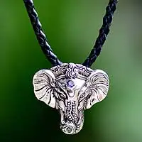 Collar de plata y cuero para hombre, 'Wise Ganesha' - Collar de plata de ley y amatista hecho a mano para hombre