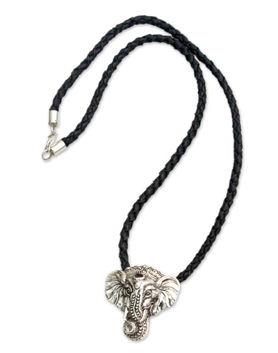 Men's silver and leather necklace, 'Wise Ganesha' - Men's Handmade Sterling Silver and Amethyst Necklace