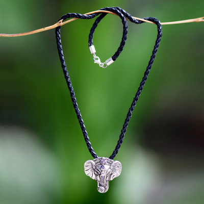 Men's silver and leather necklace, 'Wise Ganesha' - Men's Handmade Sterling Silver and Amethyst Necklace