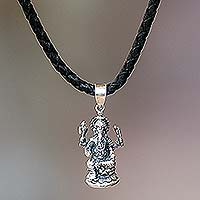 Men's sterling silver and leather necklace, 'Ganesha'