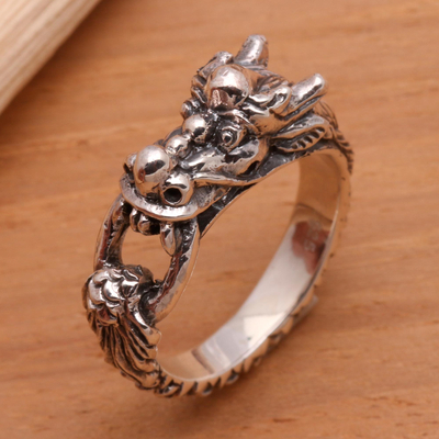 Men's Sterling Silver Band Ring - Flying Dragon | NOVICA