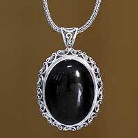 Onyx pendant necklace, 'Midnight Lace' - Sterling Silver and Onyx Pendant Necklace