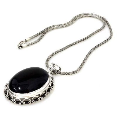 Onyx pendant necklace, 'Midnight Lace' - Sterling Silver and Onyx Pendant Necklace