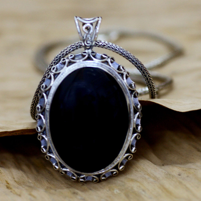 Onyx pendant necklace, 'Midnight Lace' - Sterling Silver and Onyx Pendant Necklace