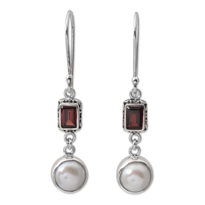 Pearl & garnet dangle earrings, 'Pure Passion' - Pearl and Garnet Sterling Silver Earrings