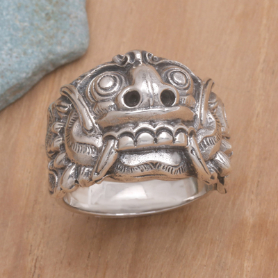Men's sterling silver band ring, 'Rangda' - Men's Artisan Crafted Sterling Silver Band Ring