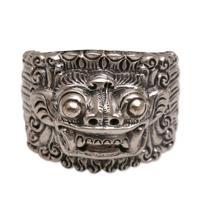 Men's sterling silver band ring, 'Barong Hero' - Men's sterling silver band ring