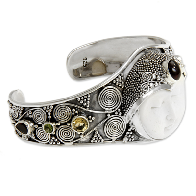 Citrine and garnet cuff bracelet, 'Imperial Woman' - Handcrafted Sterling Silver Cuff Bracelet from Indonesia