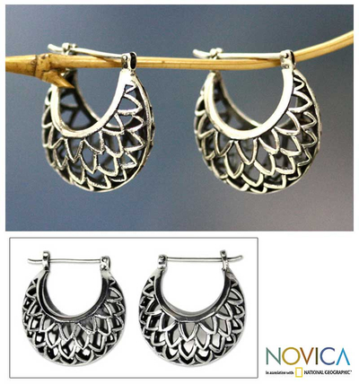 Sterling silver hoop earrings, 'Lotus Halo' - Artisan jewellery Sterling Silver Hoop Earrings