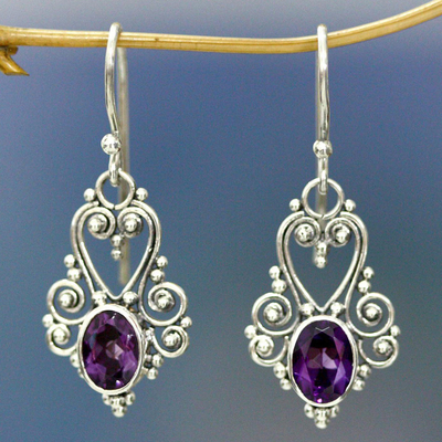 Amethyst dangle earrings, 'Queen of Hearts' - Sterling Silver and Amethyst Dangle Earrings
