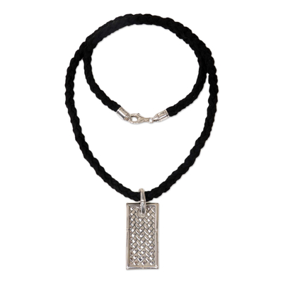 Men's leather pendant necklace, 'Patience' - Men's Sterling Silver Pendant Necklace