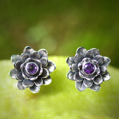 Amethyst flower earrings, 'Lilac-Eyed Lotus' - Artisan Crafted Floral Amethyst Button Earrings