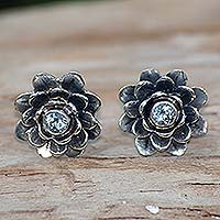 Blue topaz flower earrings, 'Blue-Eyed Lotus' - Sterling Silver and Blue Topaz Button Earrings