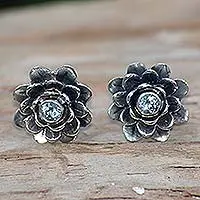 Pendientes flor topacio azul - Aretes Botón de Plata de Ley y Topacio Azul