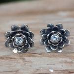 Blue topaz flower earrings, 'Blue-Eyed Lotus' - Sterling Silver and Blue Topaz Button Earrings