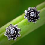 Blue topaz flower earrings, 'Blue-Eyed Lotus' - Sterling Silver and Blue Topaz Button Earrings
