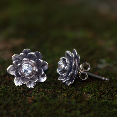 Blue topaz flower earrings, 'Blue-Eyed Lotus' - Sterling Silver and Blue Topaz Button Earrings
