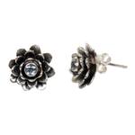 Blue topaz flower earrings, 'Blue-Eyed Lotus' - Sterling Silver and Blue Topaz Button Earrings