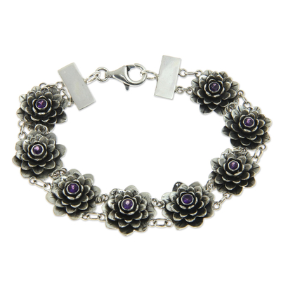 Amethyst link bracelet, 'Sacred Lilac Lotus' - Silver and Amethyst Lotus Bracelet Artisan Crafted Jewelry