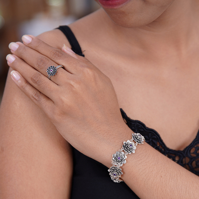 Amethyst link bracelet, 'Sacred Lilac Lotus' - Silver and Amethyst Lotus Bracelet Artisan Crafted Jewelry