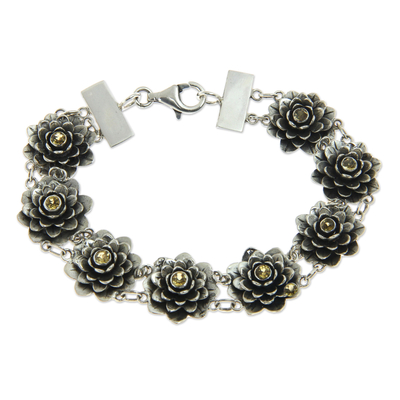 Citrine link bracelet, 'Sacred Golden Lotus' - Silver and Citrine Lotus Bracelet Hand Crafted Jewelry