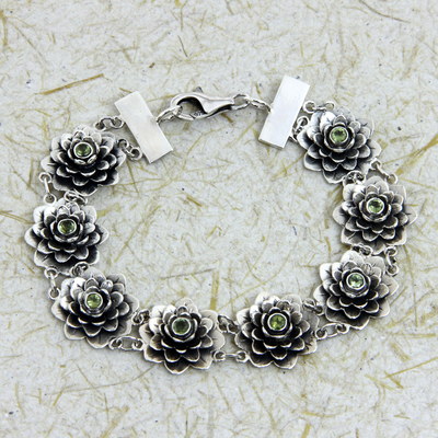 Peridot flower bracelet, 'Sacred Green Lotus' - Silver and Peridot Lotus Bracelet Hand Made Jewelry