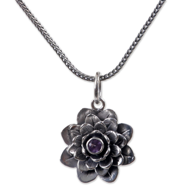 Amethyst flower necklace, 'Sacred Lilac Lotus' - Hand Crafted Floral Amethyst and Sterling Silver Necklace