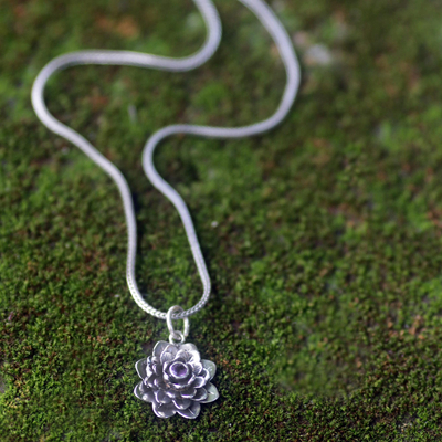collar flor amatista - Collar de plata de ley y amatista floral hecho a mano